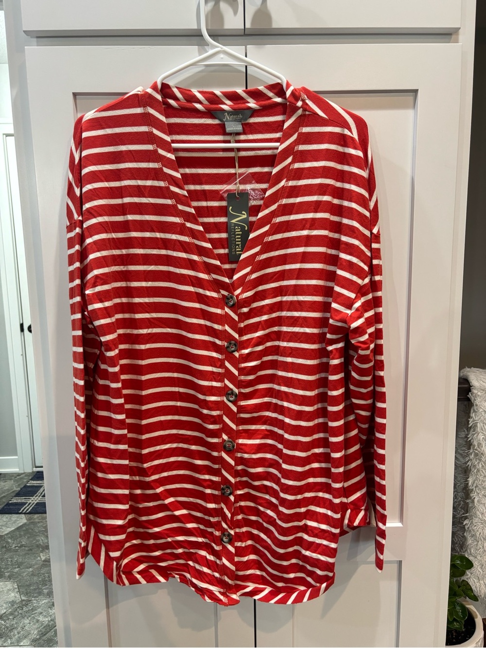 Natural Reflections Red White Striped Button Down Tie Front Top Womens Large NEW - Picture 2 of 7